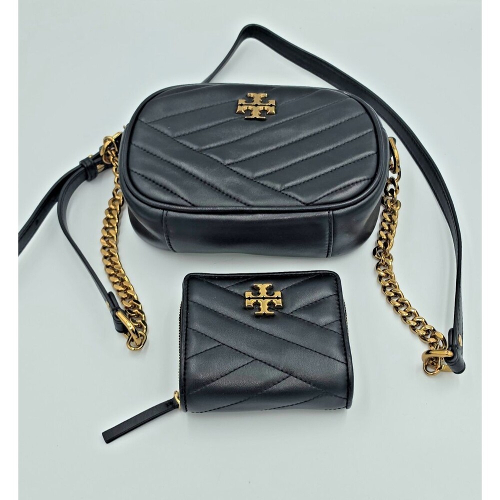 Tory Burch Kira Chevron Camera Bag Matching Wallet Black Leather Set